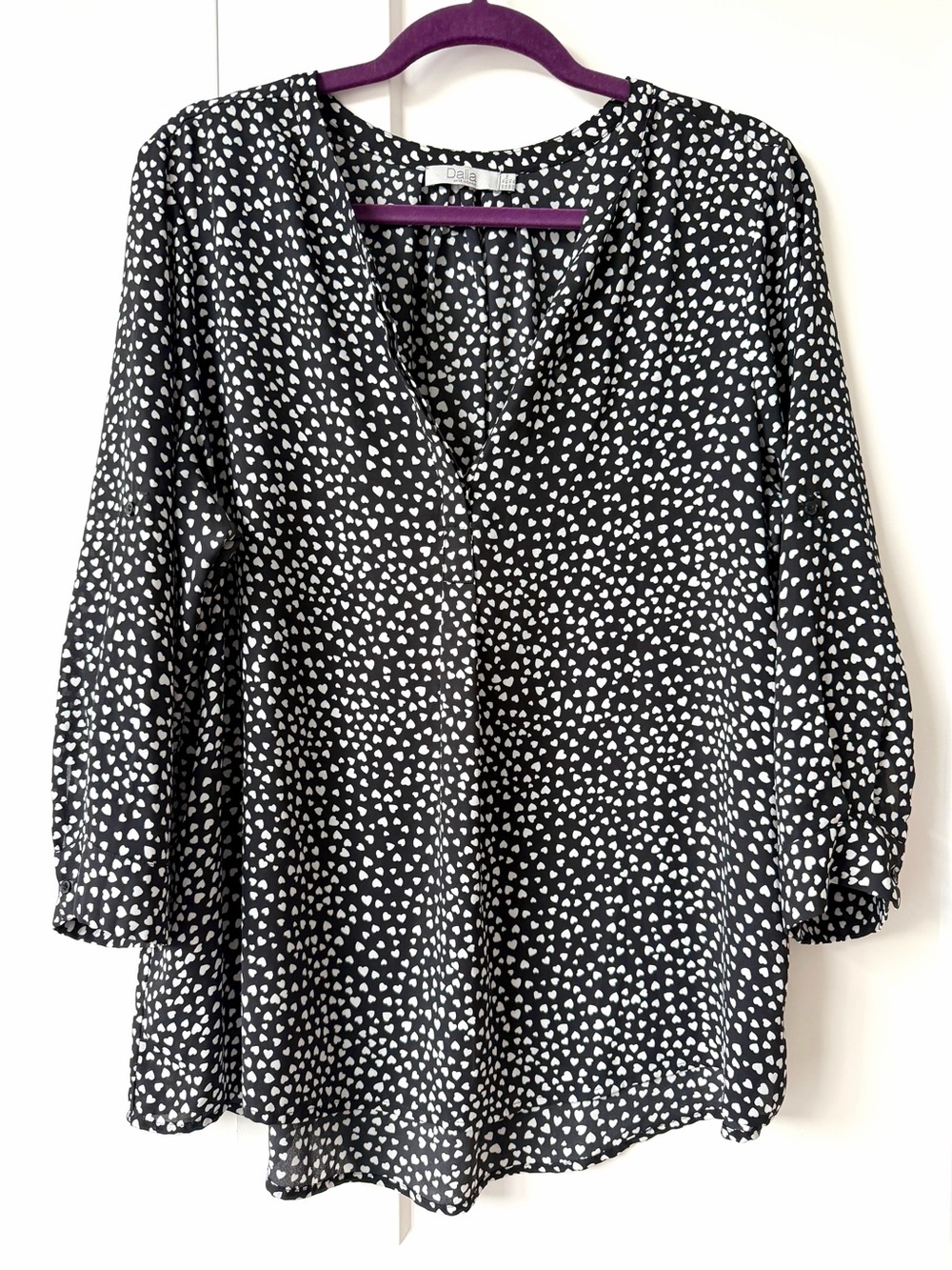 Black and White Heart-Print V-Neck Blouse